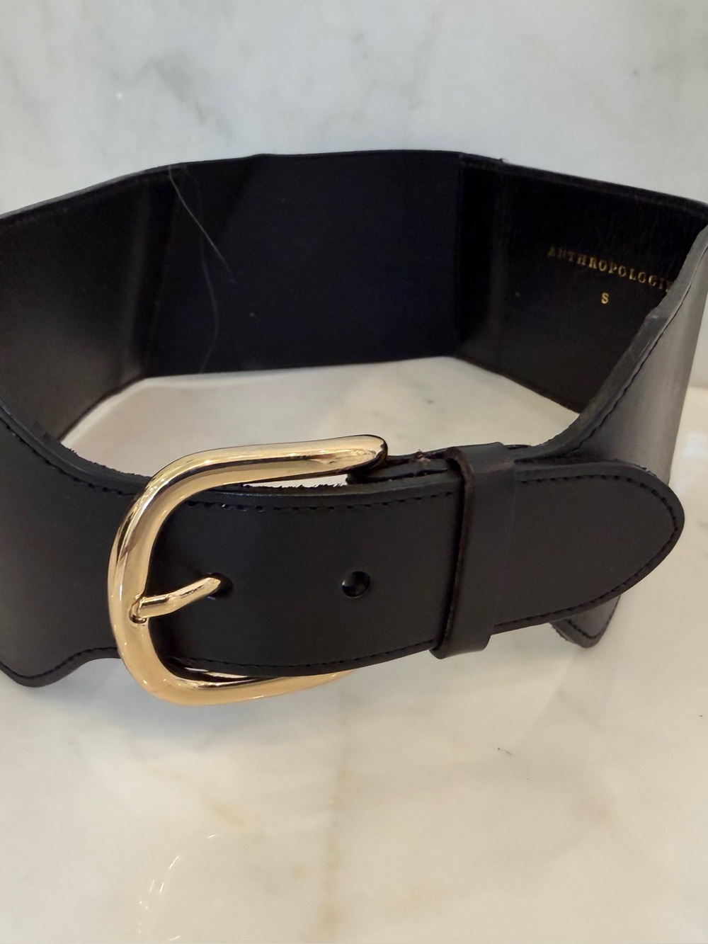 NWOT Anthropologie Black Wide Tabitha Leather Belt with Gold Buckle